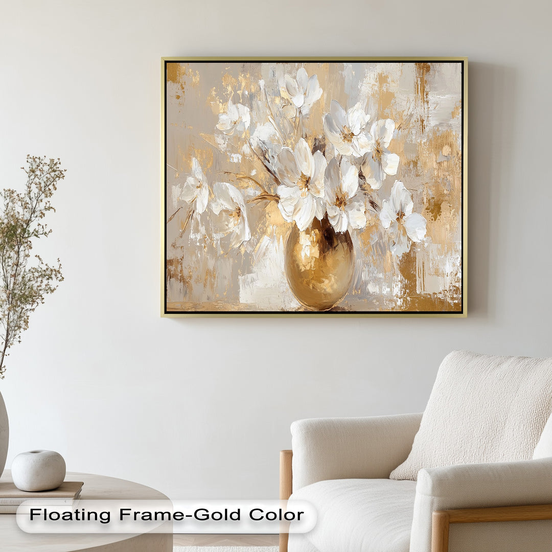 Classic still life floral art with impasto white flowers and gold detailing.
