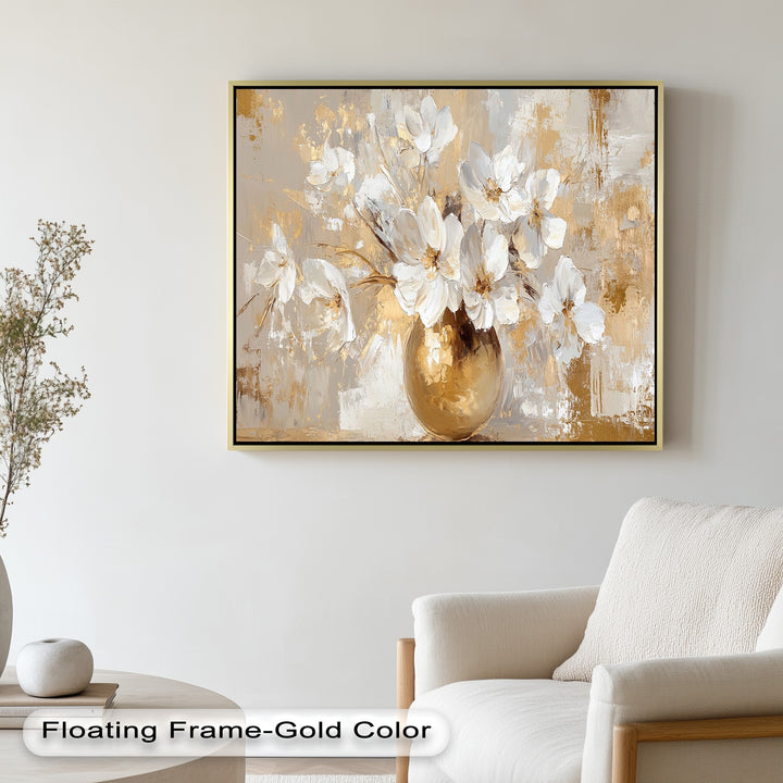 Classic still life floral art with impasto white flowers and gold detailing.
