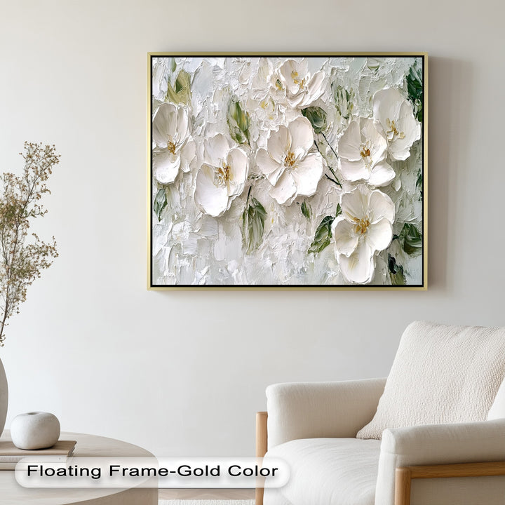 Delicate bloom artwork with layered petals and vibrant greenery in impasto style.
