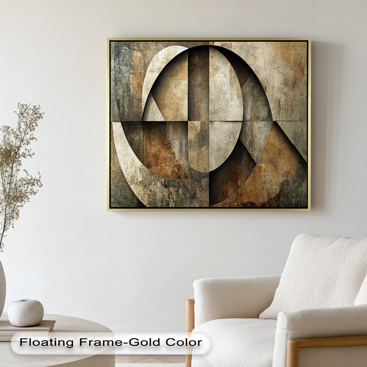 Contemporary neutral-toned abstract featuring architectural textures and symmetry.
