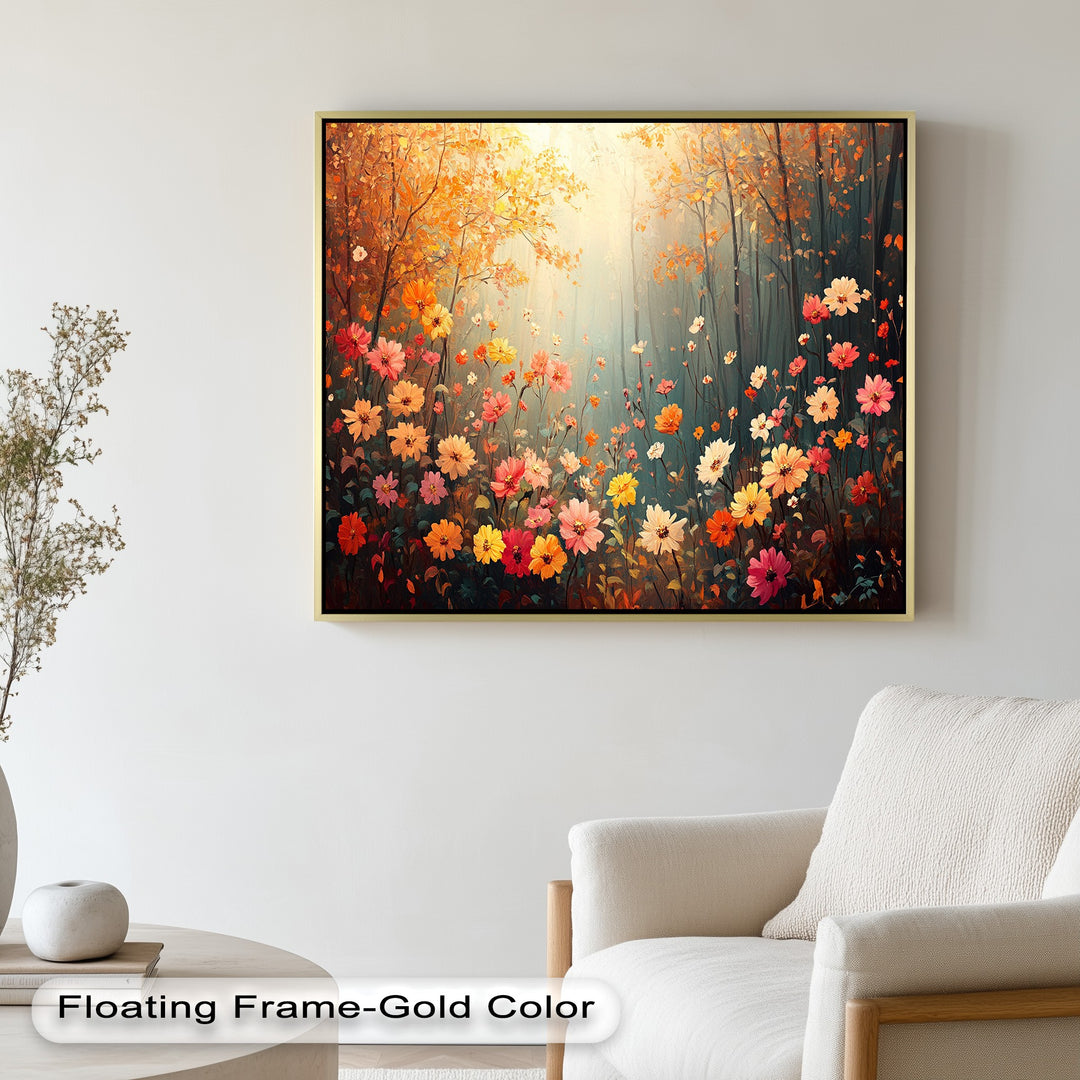 Whimsical flower meadow with sunlit forest backdrop.
