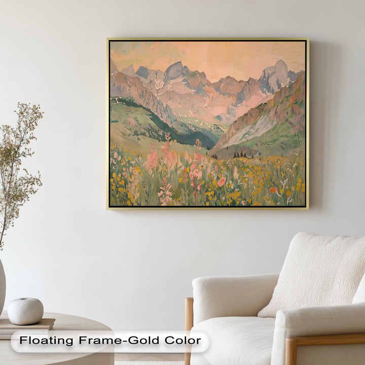A vintage-inspired landscape painting portraying a breathtaking mountain range, golden fields of flowers, and a hazy pastel sky, evoking a sense of peaceful escape