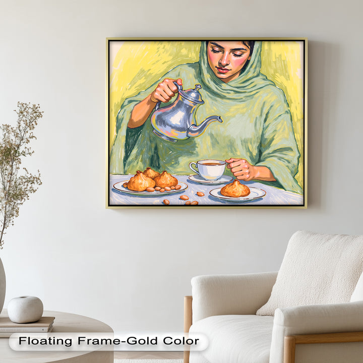 Woman Pouring Tea with Traditional Sweets - Food Painting