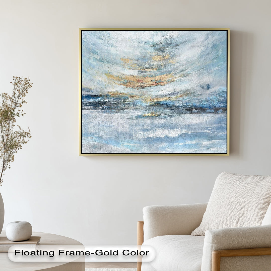 Abstrakte blaue gerahmte Kunst – Modernes expressionistisches Ölgemälde