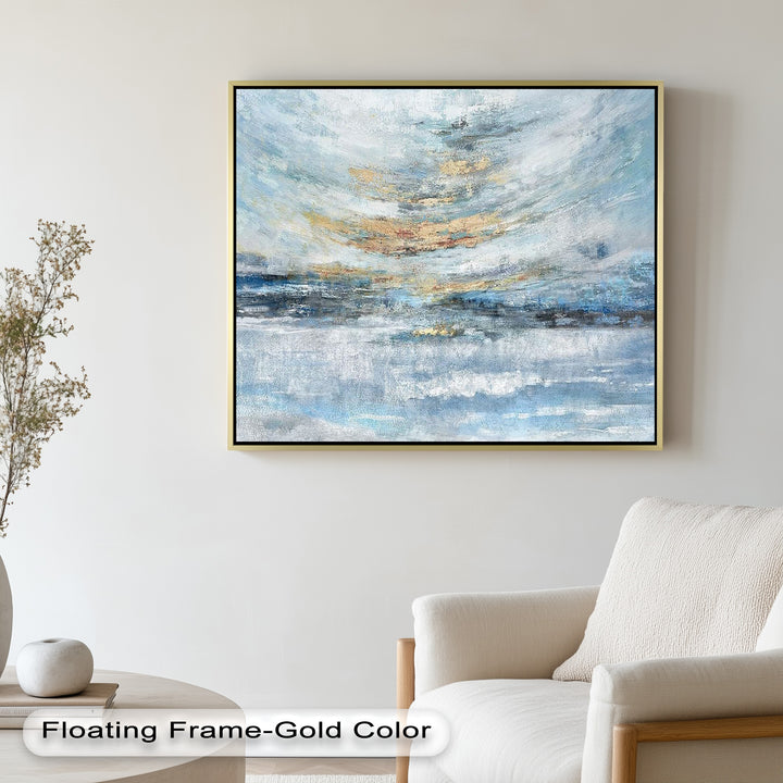 Abstrakte blaue gerahmte Kunst – Modernes expressionistisches Ölgemälde