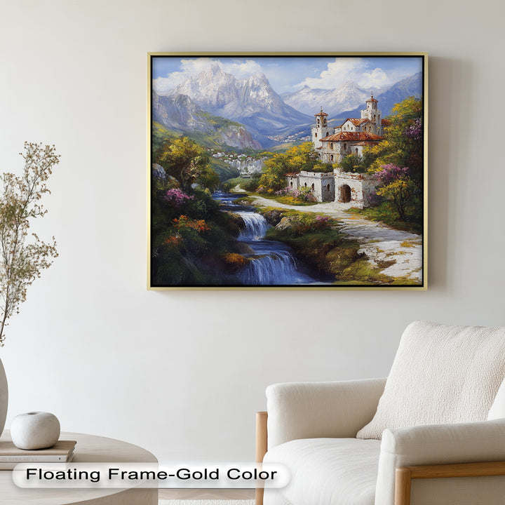 Mountain Abbey by the Falls – Serene Renaissance Oil Painting