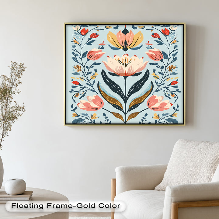 Folk-inspirierte Tulpenharmonie – Boho-Blumenölgemälde