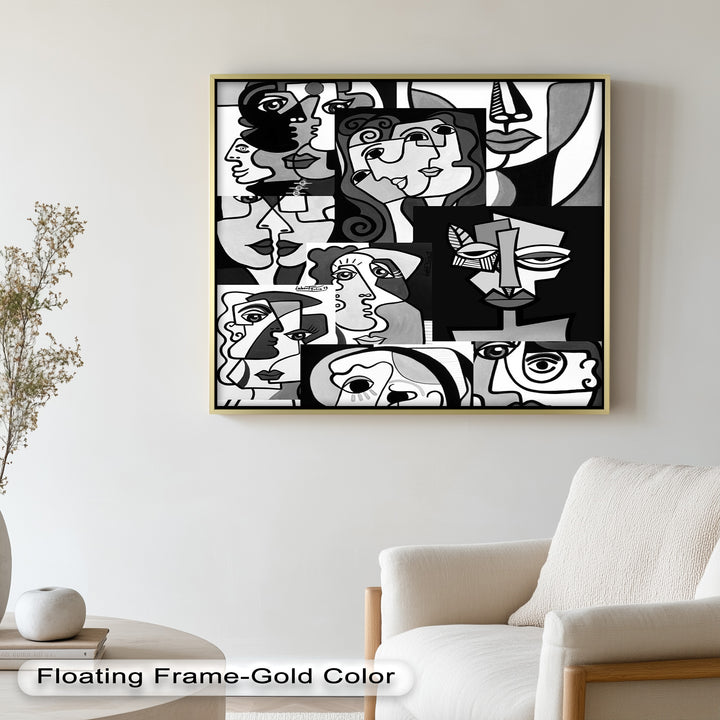 Monochrome Muse – Picasso-inspiriertes Ölgemälde mit kubistischen Gesichtern