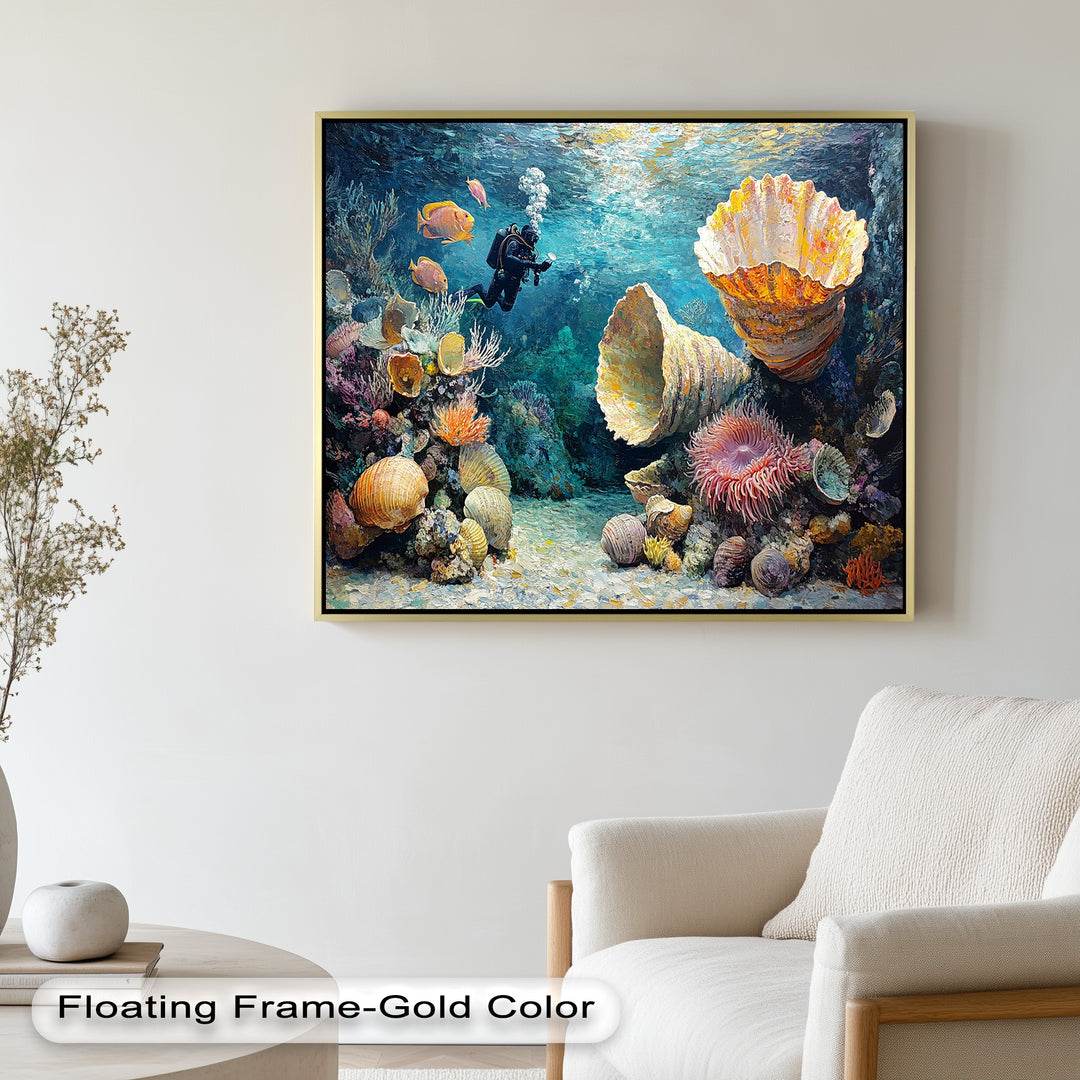 Diver Exploring Coral Reefs with Giant Shells - Animal Oil Painting