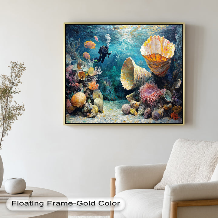 Diver Exploring Coral Reefs with Giant Shells - Animal Oil Painting
