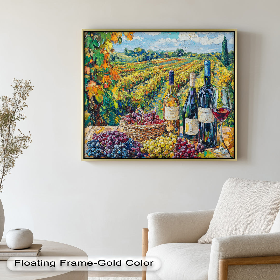 Wine Bottles and Grapes in Sunlit Fields - Still Life Oil Painting