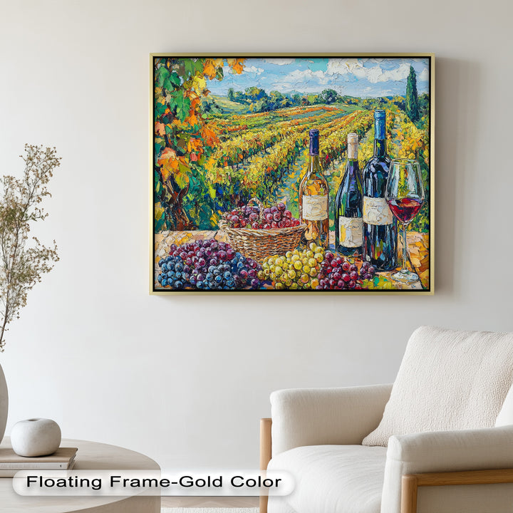 Wine Bottles and Grapes in Sunlit Fields - Still Life Oil Painting