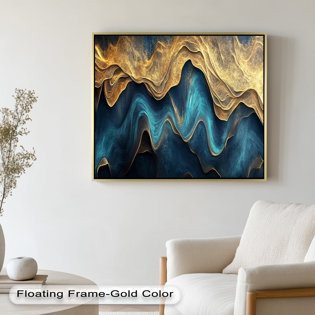 Flowing Teal & Gold Waves – Abstract Oil Painting