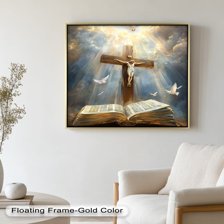 Jesus on the Cross with Open Bible and Doves - Oil Painting
