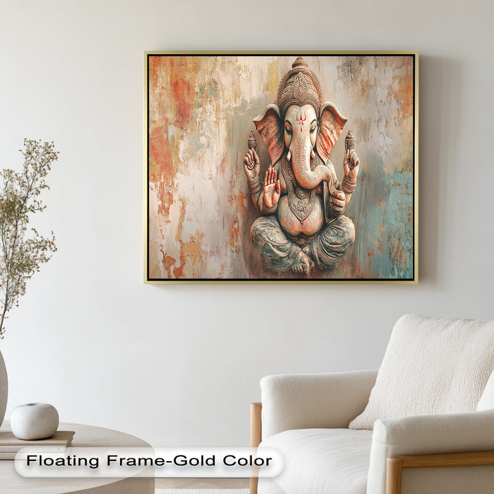 An elegant Ganesha sculpture-style painting featuring intricate details and a muted color palette evoking peace and tradition.