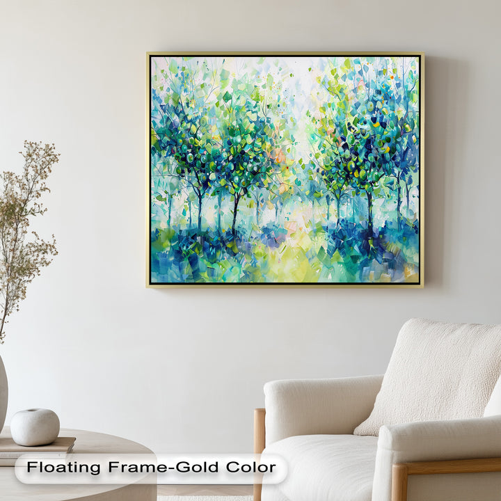Blue & Green Forest Landscape – Abstract Nature Oil Painting