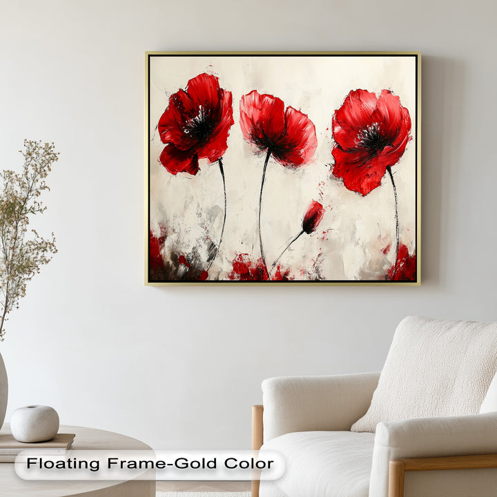 Crimson Elegance – Bold Red Poppies on Cream Flower Oil Painting
