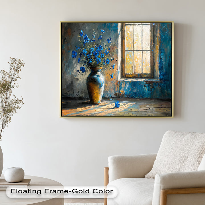 Blue Flowers in Vase – Rustic Still Life Oil Painting