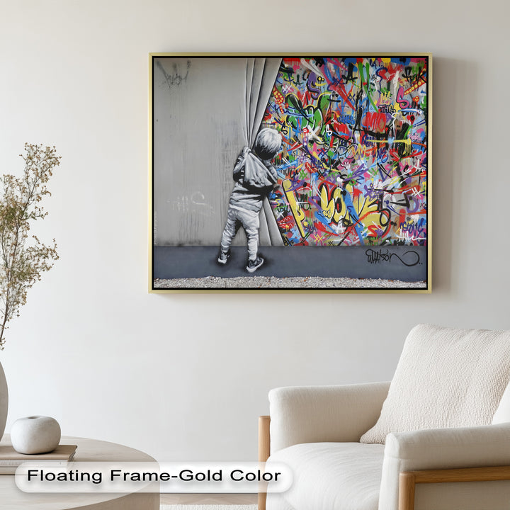 Beyond the Curtain – Banksy-Inspired Graffiti Oil Painting