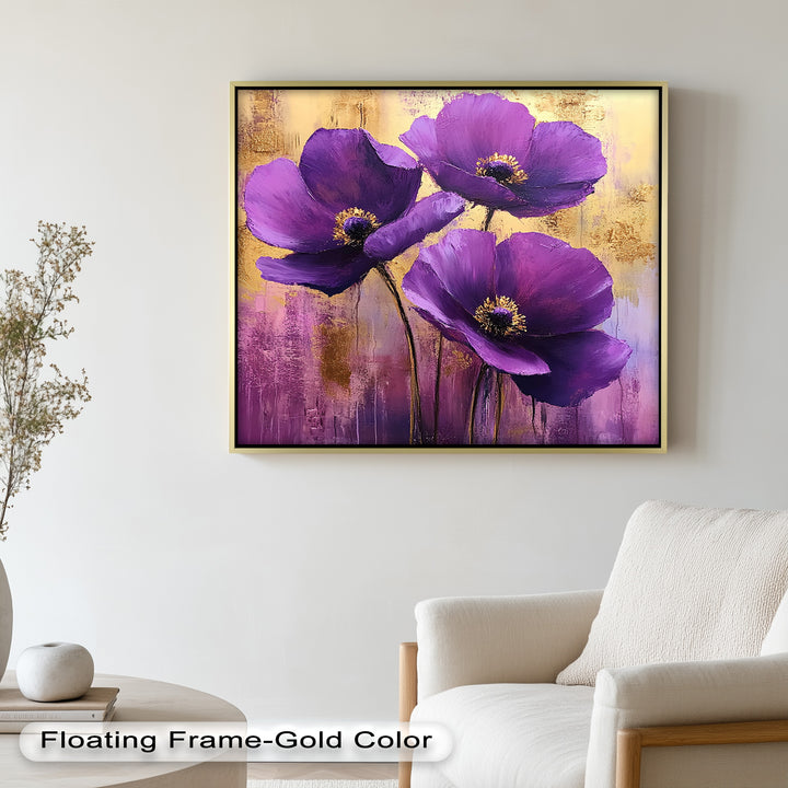 Velvet Blossoms – Purple Floral Elegance with Gold Flower Oil Painting