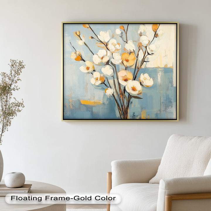 Golden Magnolia – White and Amber Blossoms Flower Oil Painting