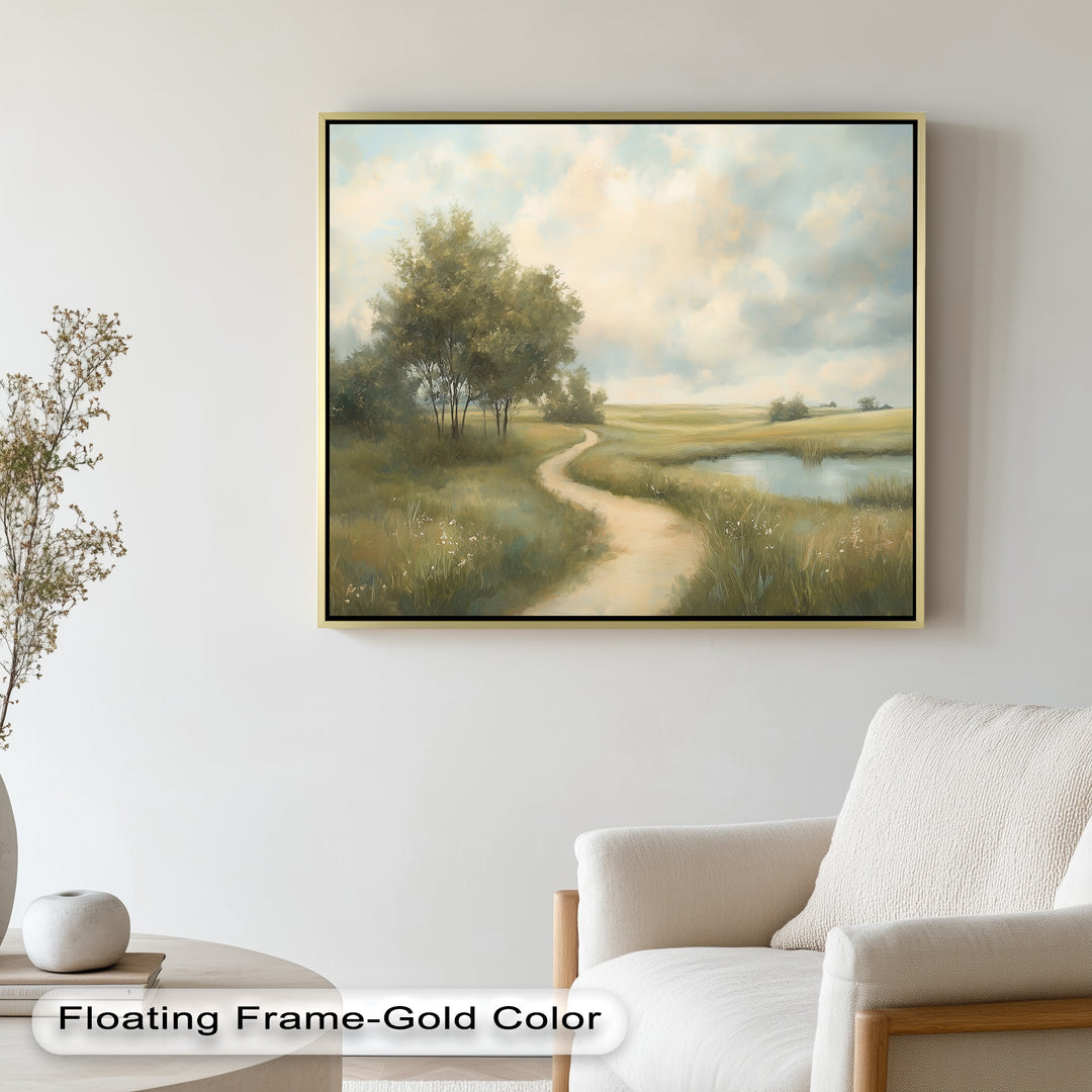 This gentle landscape painting captures a winding path through a soft green meadow beside a quiet pond under a pastel sky.

