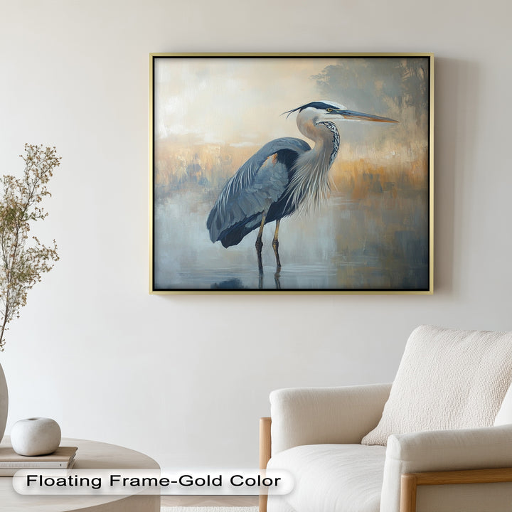 Heron in Misty Marshland - Framed Oil Painting
