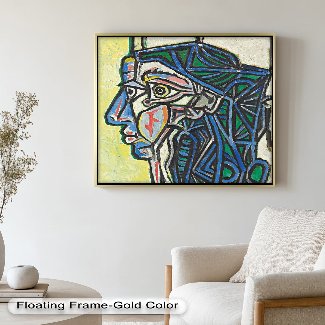 Angular Gaze – Geometric Portrait with Blue and Green Lines Picasso Oil Painting