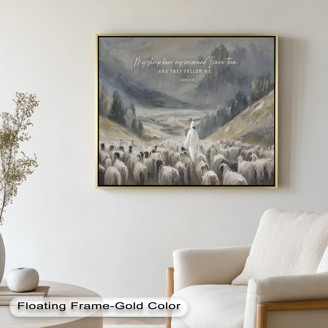 Christian-themed artwork illustrating John 10:27 with a shepherd and his sheep.

