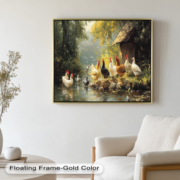 Country Farmyard Chickens by the Stream – Animal Oil Painting