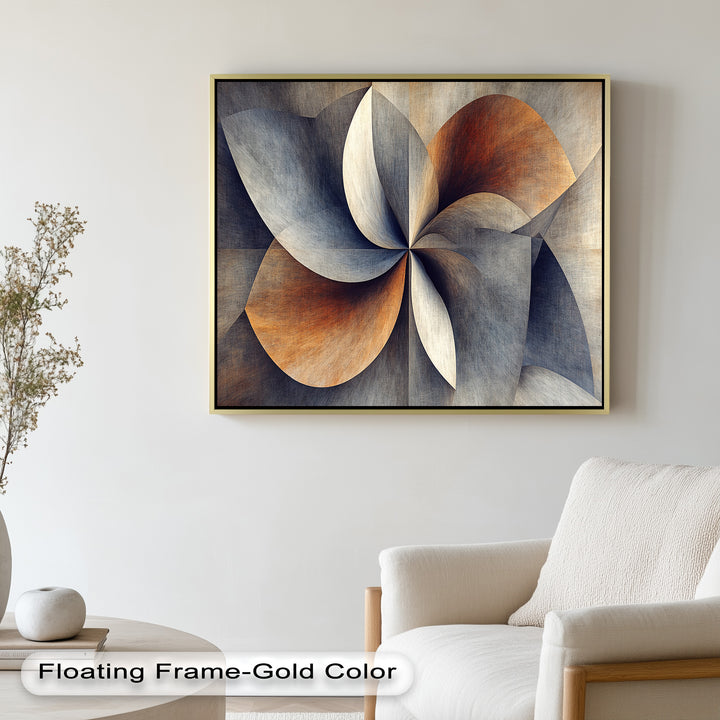 Contemporary design artwork with dynamic petal patterns in rust and gray.
