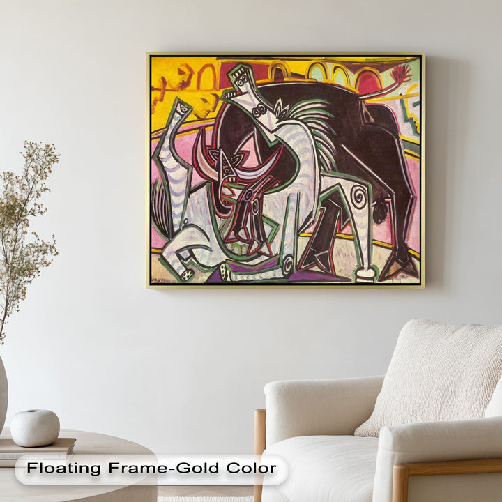 A vivid and emotional portrayal of a bull and horse locked in conflict, set against a backdrop of arches and bold colors.