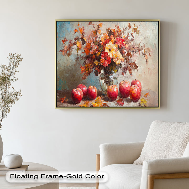 Fall Apple & Floral Still Life – Framed Oil Painting