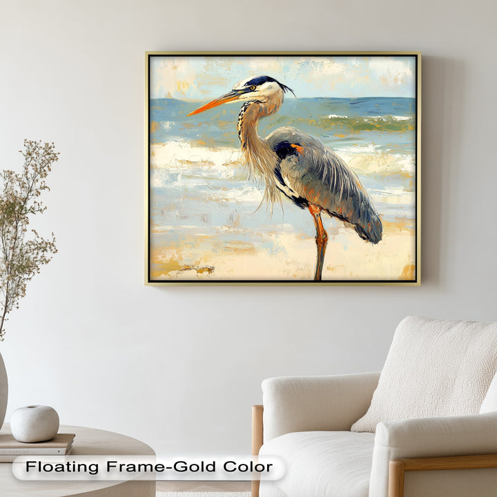 Elegant Heron Standing on Shoreline – Framed Oil Painting