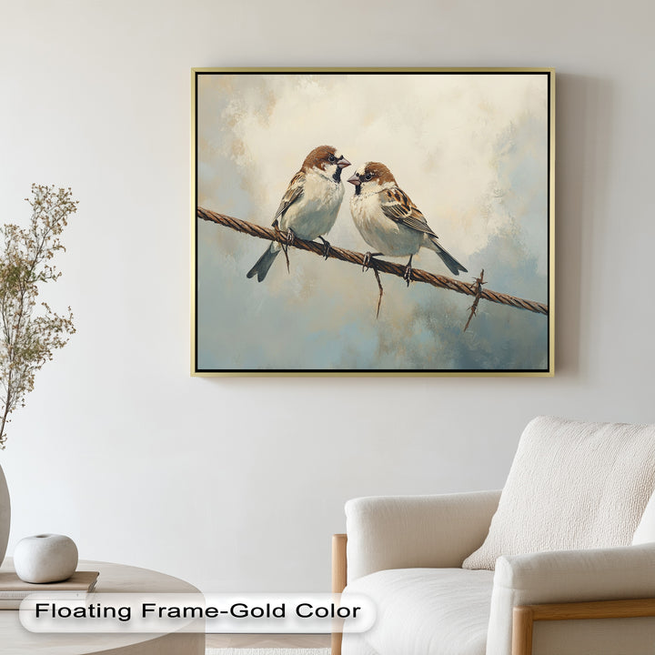 Two Sparrows on a Wire – Bird Oil Painting