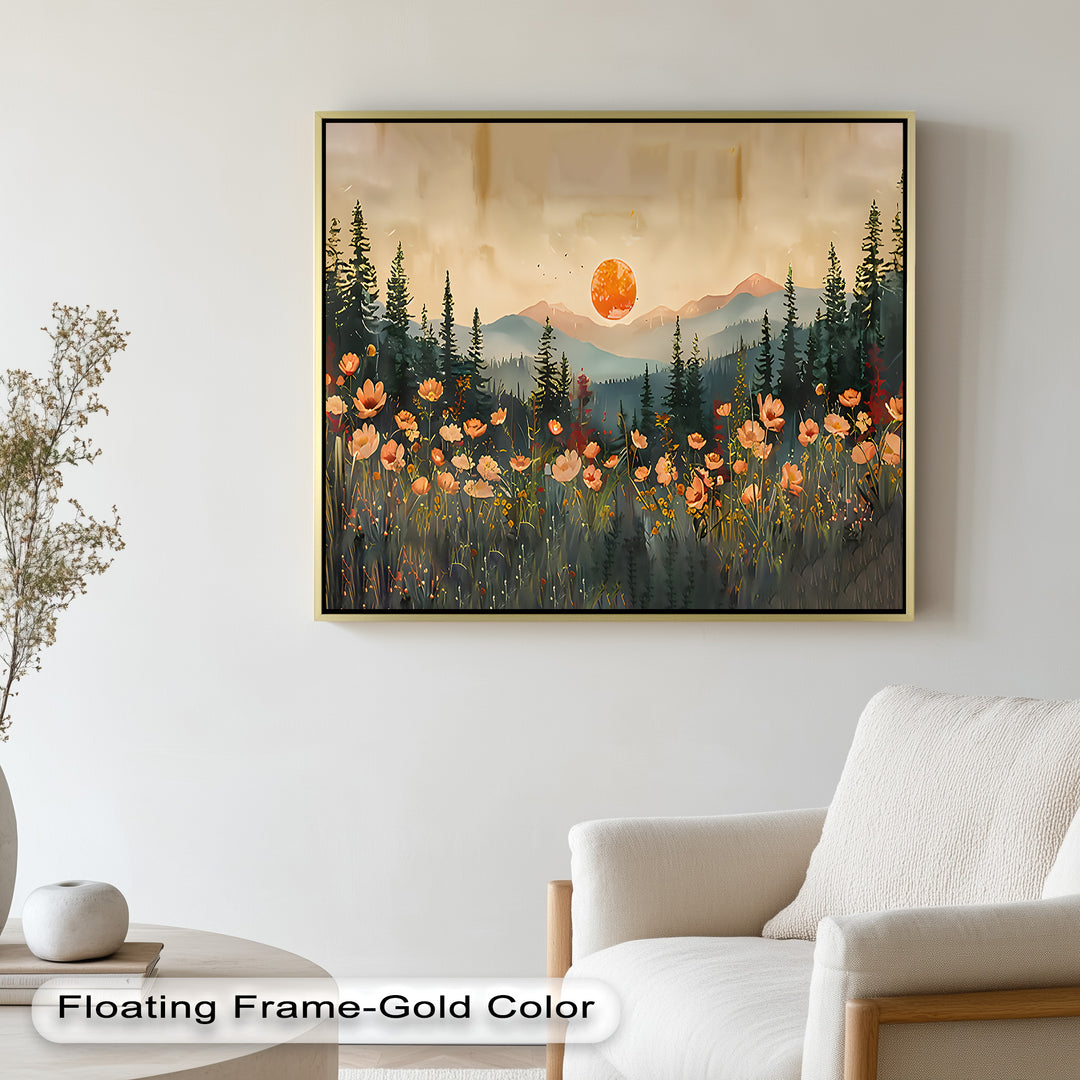 Ideal for adding warmth and tranquility to any space, this artwork invites you into a peaceful forest bathed in sunset glow and floral charm.