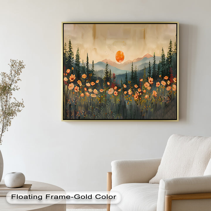 Ideal for adding warmth and tranquility to any space, this artwork invites you into a peaceful forest bathed in sunset glow and floral charm.