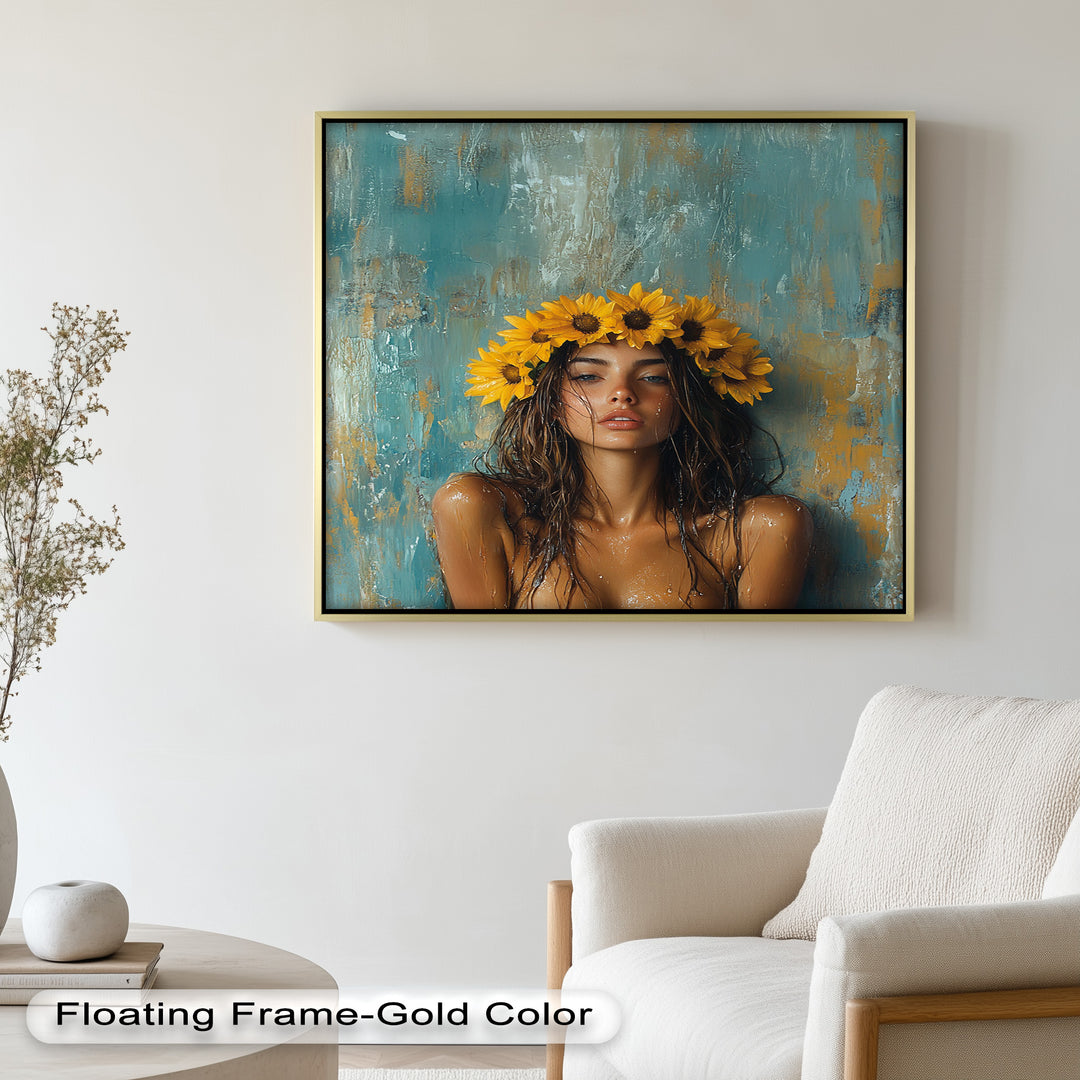 Sun-Kissed Solstice – Woman with Sunflower Crown Abstract Oil Painting