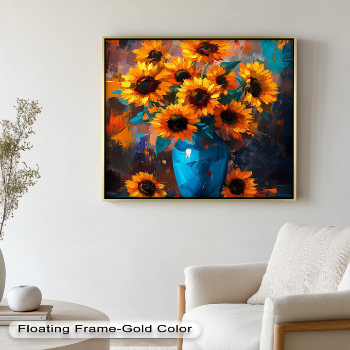 Sunlit Joy – Bold Sunflowers in Blue Vase Oil Painting