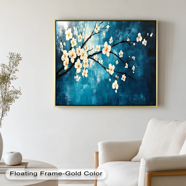 A serene composition with glowing white flowers scattered along a twisting branch, highlighted by a deep, artistic backdrop.