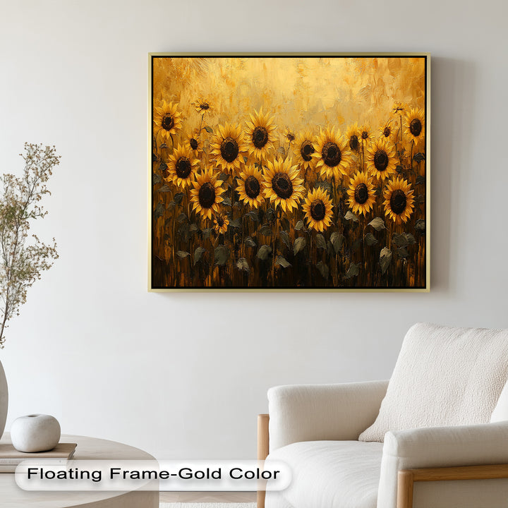 A glowing sunflower meadow painted in vivid yellows and deep browns, radiating joy and the spirit of summer.