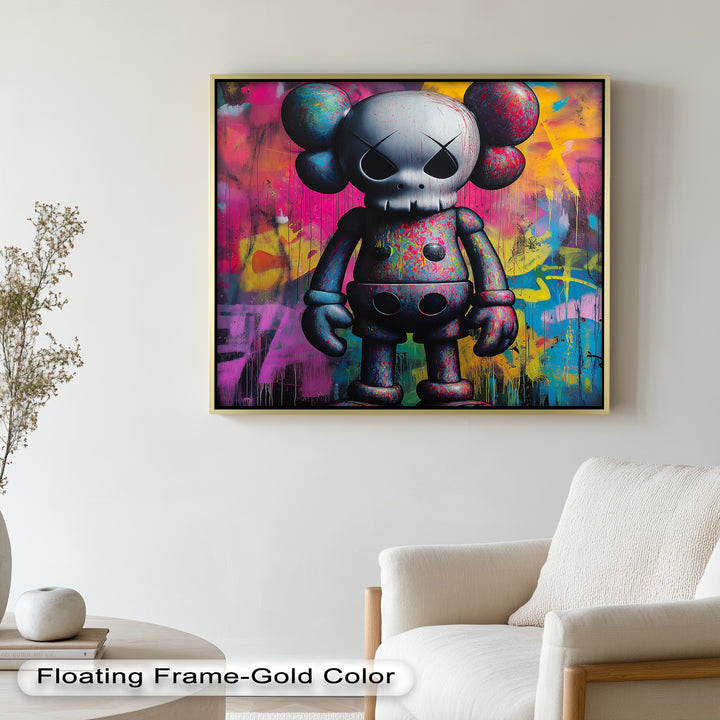 Neon Skull Companion – Mehrfarbiges KAWS-Ölgemälde