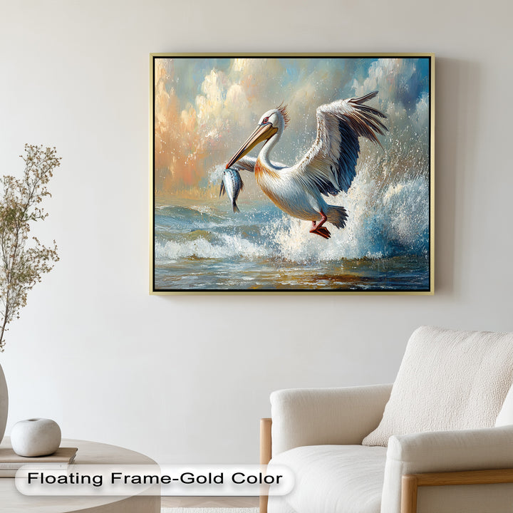 Pelican Catching Fish in Ocean Surf – Animal Oil Painting