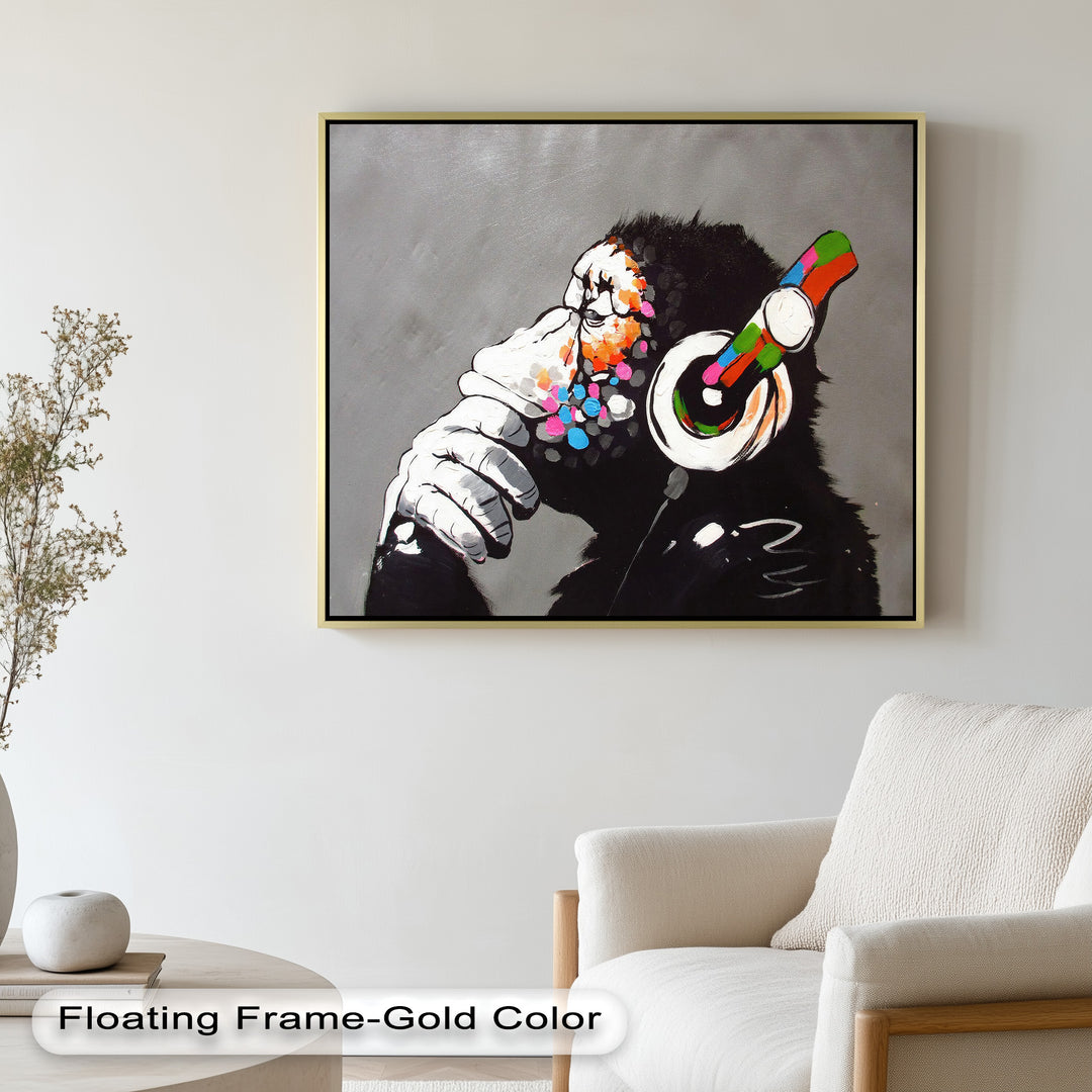 Contemplative Chimp with Headphones - Banksy Oil Painting
