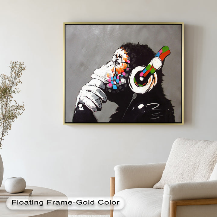 Contemplative Chimp with Headphones - Banksy Oil Painting