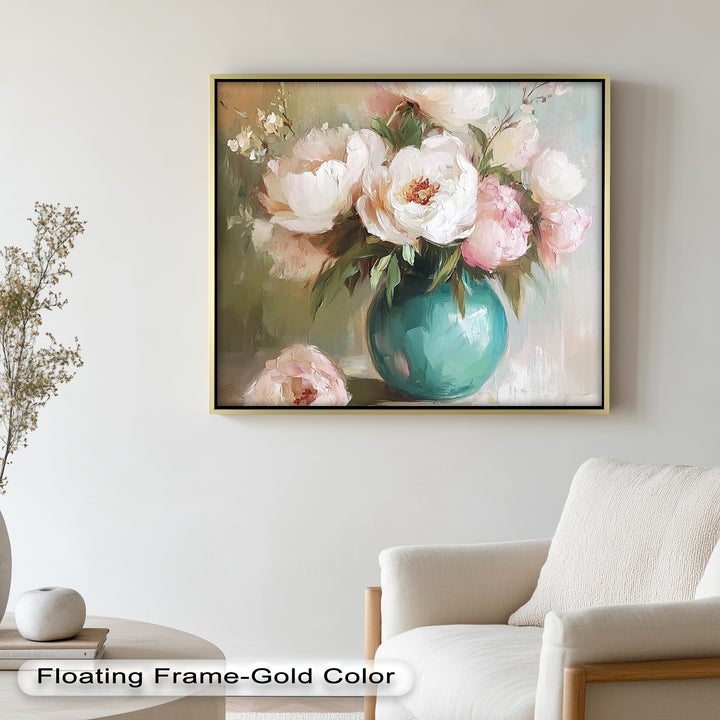 Blushing Peonies in Jade Vase – Romantic Flower Oil Painting
