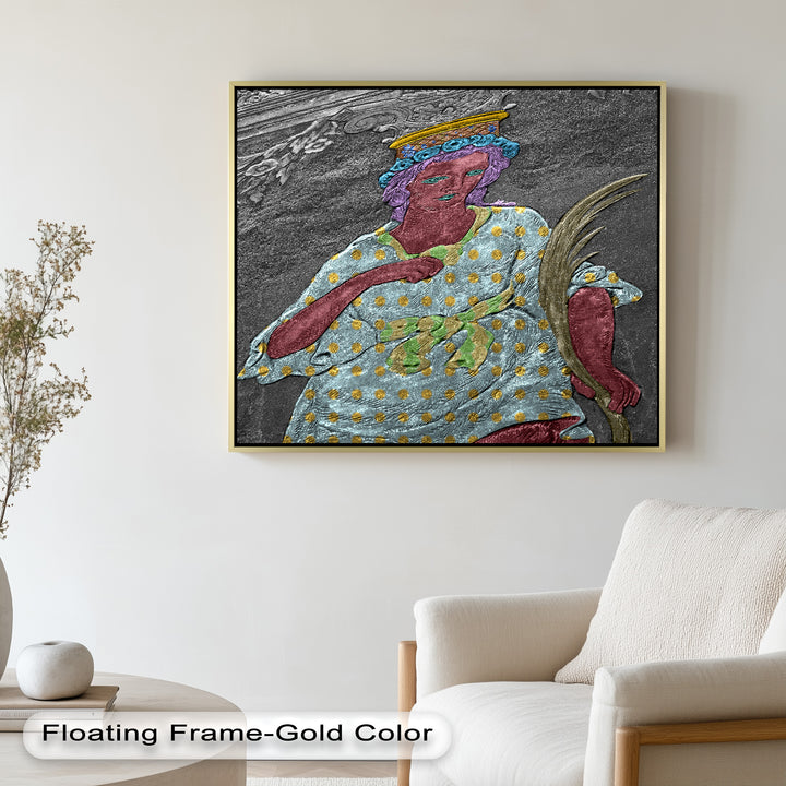 Geheiligte Blüte – Polychromes Engelrelief-Ölgemälde