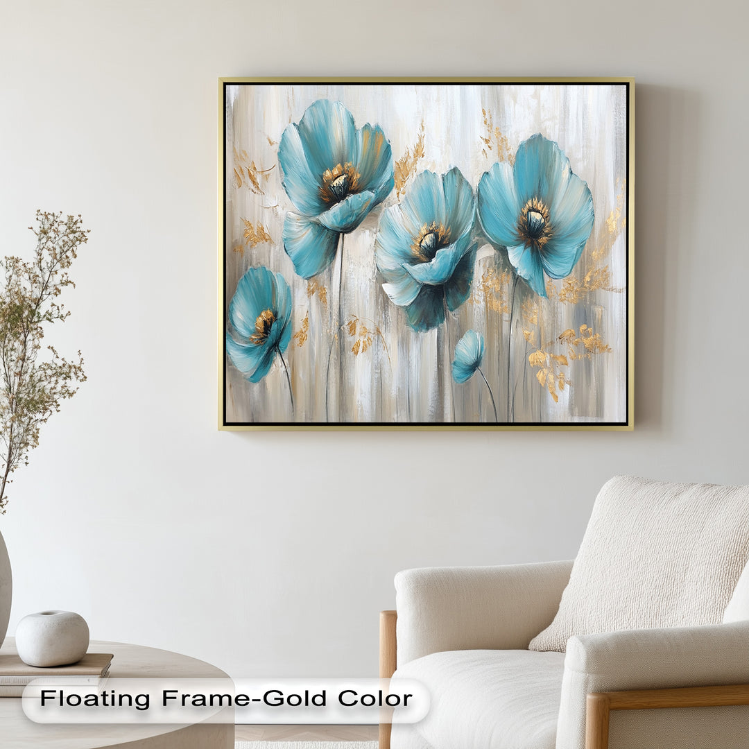 Blue Poppies with Metallic Accents - Flower Oil Painting