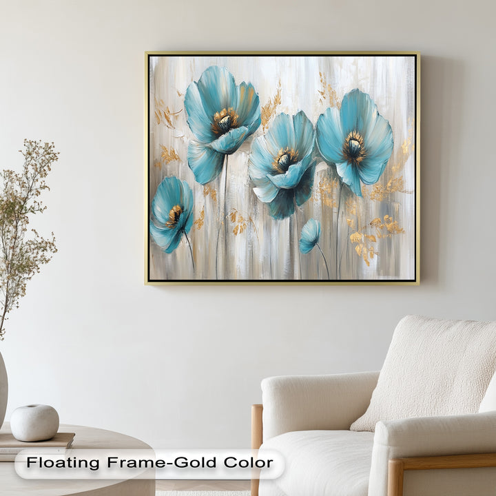 Blue Poppies with Metallic Accents - Flower Oil Painting