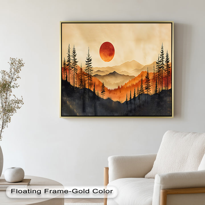 Red Sunset Landscape - Forest Oil Painting
